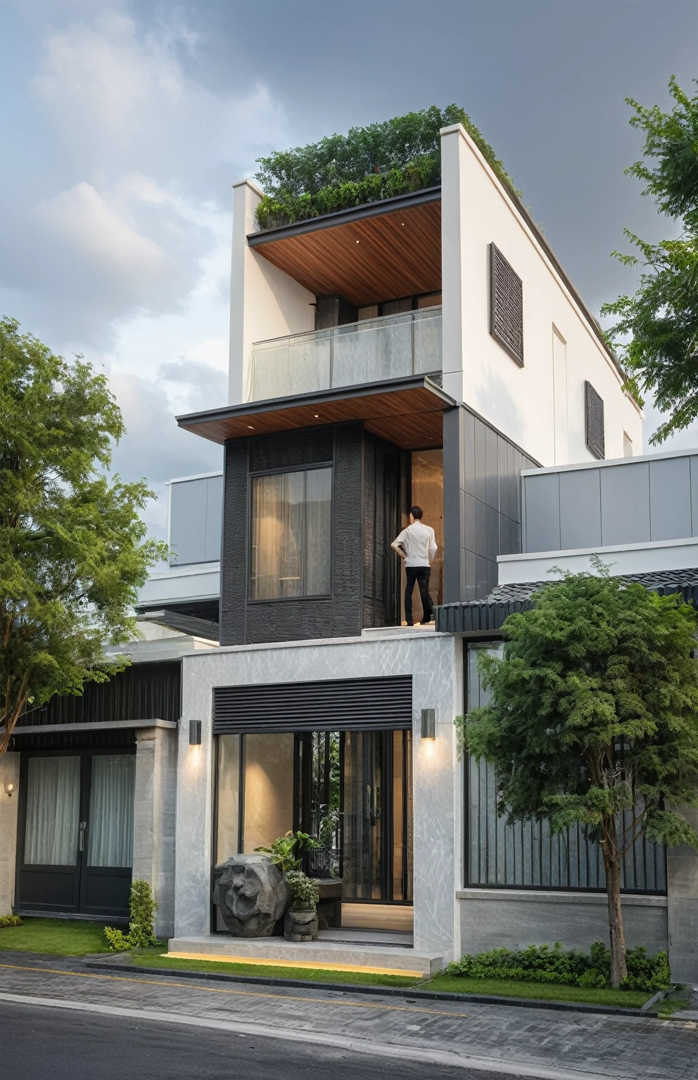 modern villa on street, (overcast lighting:1.2), tropical tree, vivid color, streetcapes, nice sky, grey and wwhite tone, (large glass door:1.2), warm interior lighting, modern material, best quality, ultra realistic, masterpiece, 17ArchiAI_XL_VL-v1