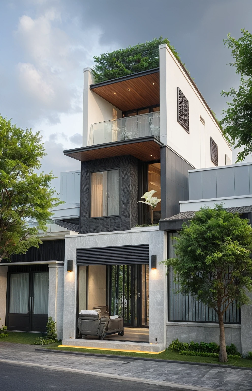 modern villa on street, (overcast lighting:1.2), tropical tree, vivid color, streetcapes, nice sky, grey and wwhite tone, (large glass door:1.2), warm interior lighting, modern material, best quality, ultra realistic, masterpiece, 17ArchiAI_XL_VL-v1
