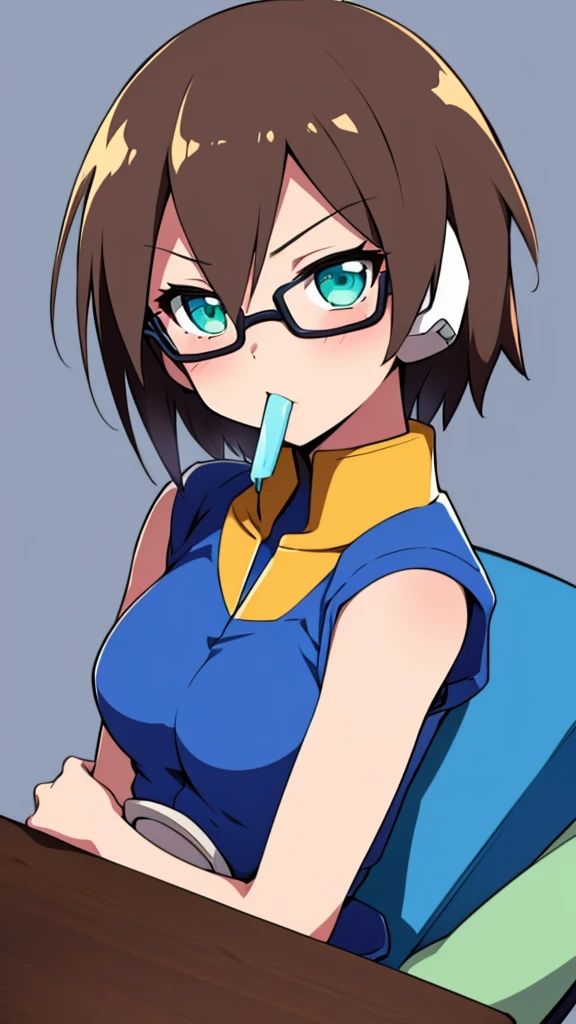Aile_Megamanzx, Leviathan_Megamanz, 2 Girl, looking at viewer, Brown hair, Green eyes, , Blue Hair, Blue eyes, Simple background , Blushed , Leaning on a table , Glasses , Licking a lemon ice popsicle, hug