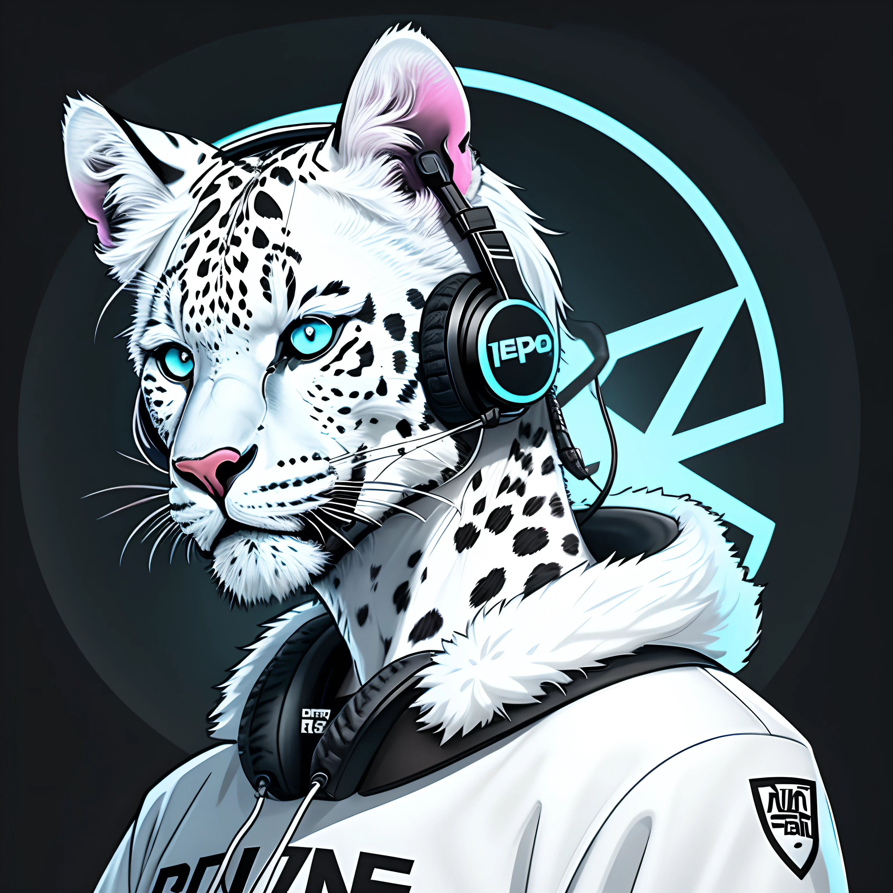 White snow leopard design, cool., graph design, Vapor Wave, logotipo, Rapper, DJ, player, headset, hip hop style phonk, music style, logo, black eyes, ferson, furry, headset headset LED หูฟังรอบคอ