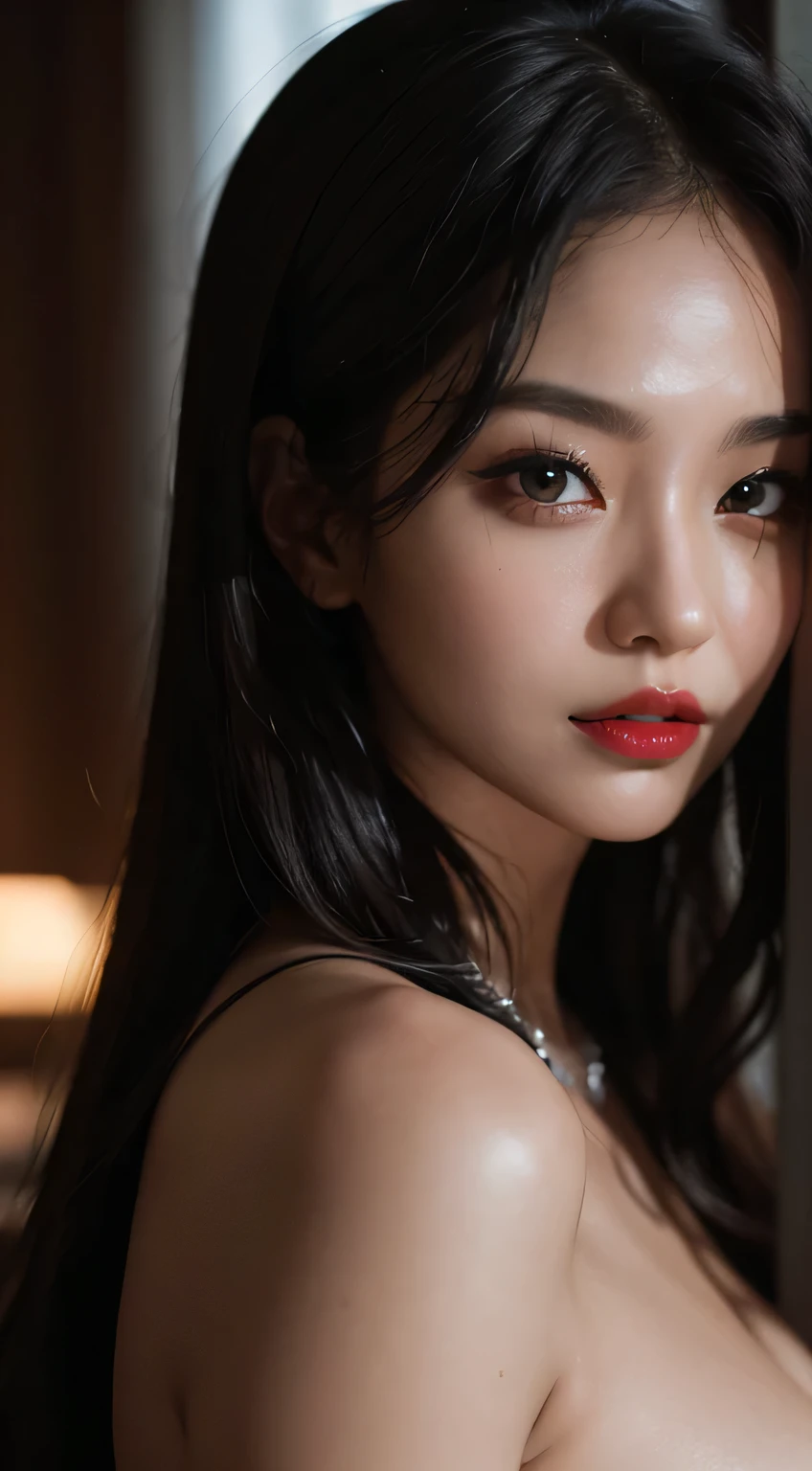 Amazing portrait of a woman who is 30 years old and an adult and a sexy maid during night time with soft lighting showcasing her red lips and her beautiful face in detail and close up