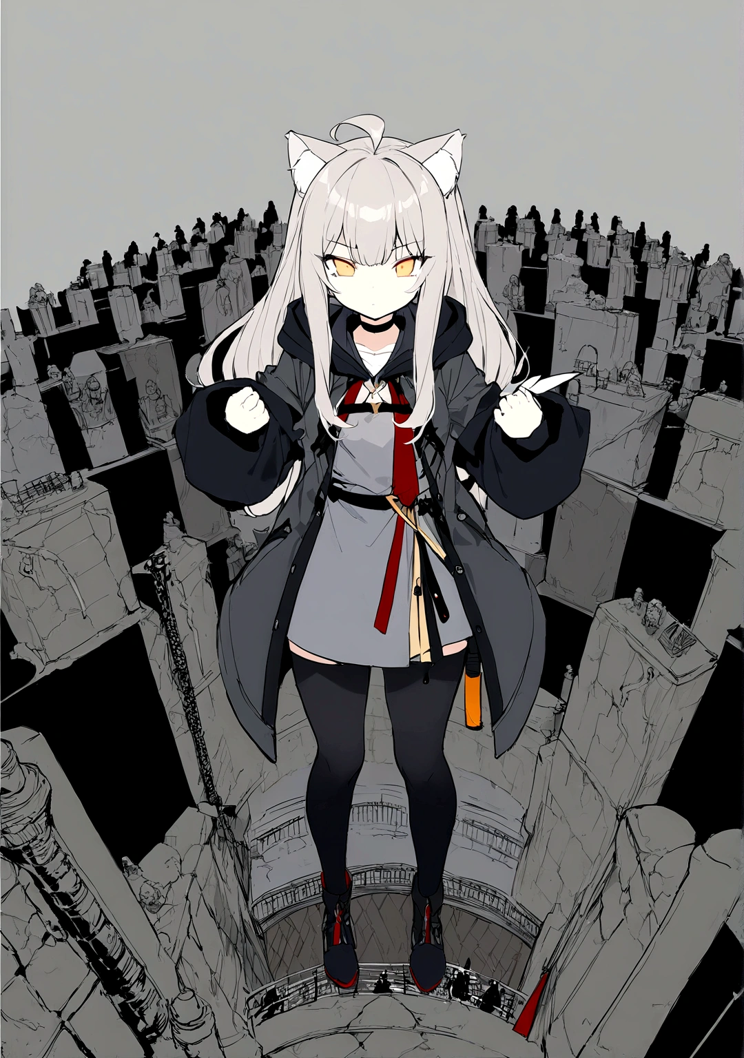 Oversized and loose、Put on an oversized zip-up hoodie、Serious face、A large number of subordinates can be seen in the distance、Surrounded by operatives、Give a command、Secret Police Meeting Room、Gray cat ears、Gray cat ears、(masterpiece, best quality:1.2), 1girl, 独奏、Grey long hair、Ahoge、Yellow Eyes、Background of a military base with guns、Fisheye Lens、battlefield、Shadows of light and darkness、Expressionless、battle、Gray trench coat、Put a black hoodie over your arm、Surrounded by enemies、Zip hoodie worn over the arm