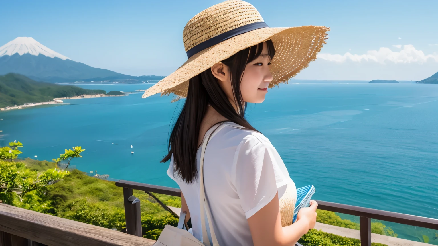 Japan woman. s . He is wearing a straw hat. Summer landscape. sea