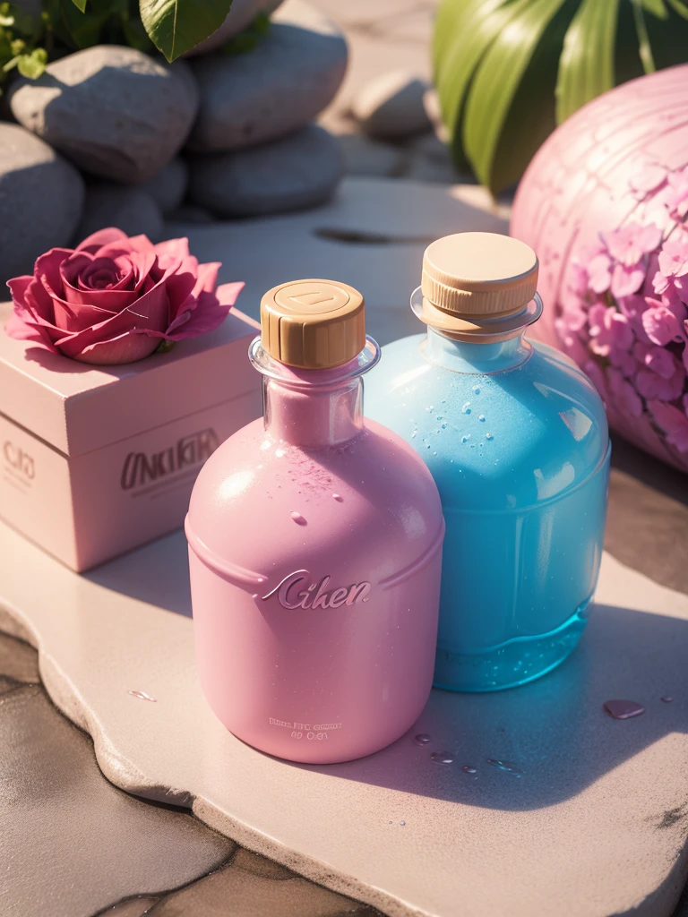 Shower gel product photography, Pink bottle, On stone, Natural light, blue sky, Rose, Nikon camera,8050 --Seconds 2