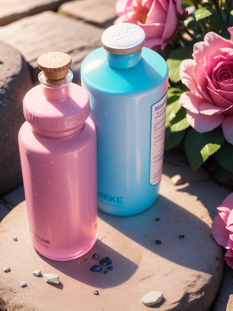 Shower gel product photography, Pink bottle, On stone, Natural light, blue sky, Rose, Nikon camera,8050 --Seconds 2