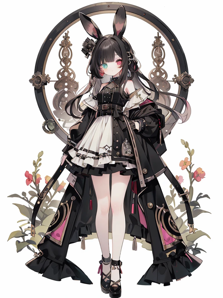 The Art of Mathematics, masterpiece, 最high quality, Very detailed, high quality, 4K, Cute girl, sit, rabbit,，Punk style，long coat，Heterochromia，Black Wings，（（Black long hair）），Clear and beautiful eyes,whole body，[White background 1::5]，Off-shoulder dress，modernization，Punk style