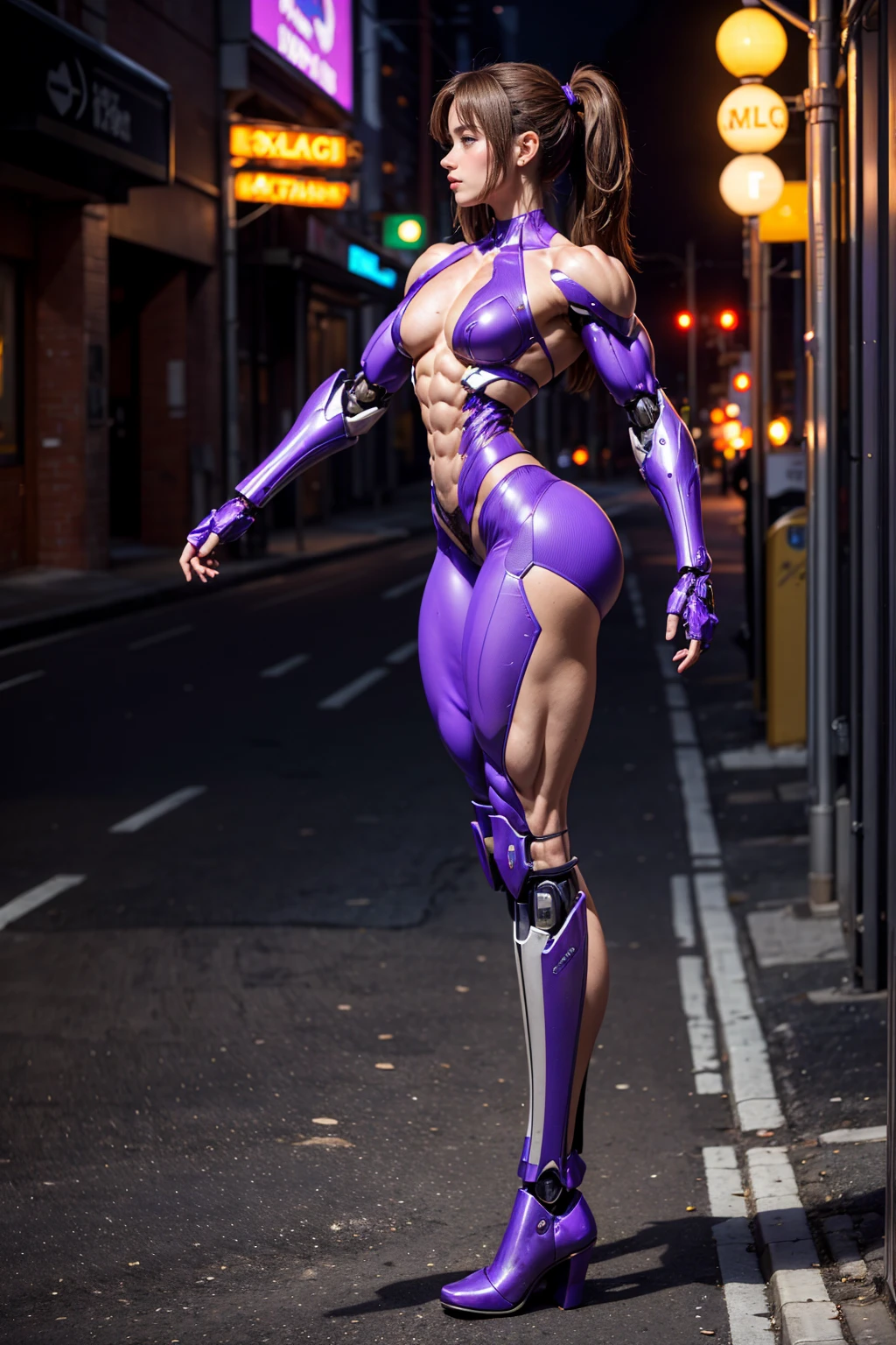(Muscular:1.8), (thick thighs:1), (muscular chest and shoulders:1.5), (large muscular chest and shoulders:1.4), FEMALE, brown hair, long brown hair, (big smile:0), (tight mecha arm, cute tall purple cyborg:1.5), looking at viewer, (side profile:1.5), upper body view, (futuristic city sidewalk night:1.5), dark lighting, detailed skin, detailed eyes, (dark skin:1.), (very thin waist:1.7), (huge round muscles:1.5), (one protagonist:1.5), (tall:2.2), (pose:1.6),