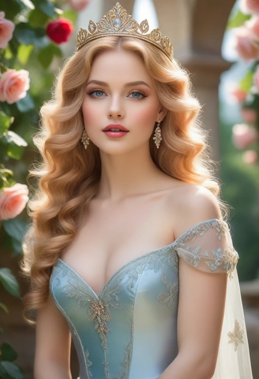 princess in blissful languor, beautiful detailed eyes, beautiful detailed lips, flowing gown, dreamy expression, golden hair cascading down, sparkling tiara, strawberry blonde curls, royal palace, soft sunlight filtering through stained glass windows, exquisite chandelier lighting, romantic atmosphere, vibrant colors, Mediterranean garden, fragrant flowers in full bloom, fountain with dancing water, whispering breeze, whimsical butterflies fluttering around, faint sound of birds chirping, lush greenery, ivy-covered trellis, endless rows of blooming roses, Prince Charming's irresistible presence, anticipating love and happiness, (best quality, 4k, 8k, highres, masterpiece:1.2), ultra-detailed, (realistic, photorealistic, photo-realistic:1.37), romantic portrait style, soft pastel color palette, dreamy lighting, ethereal ambiance