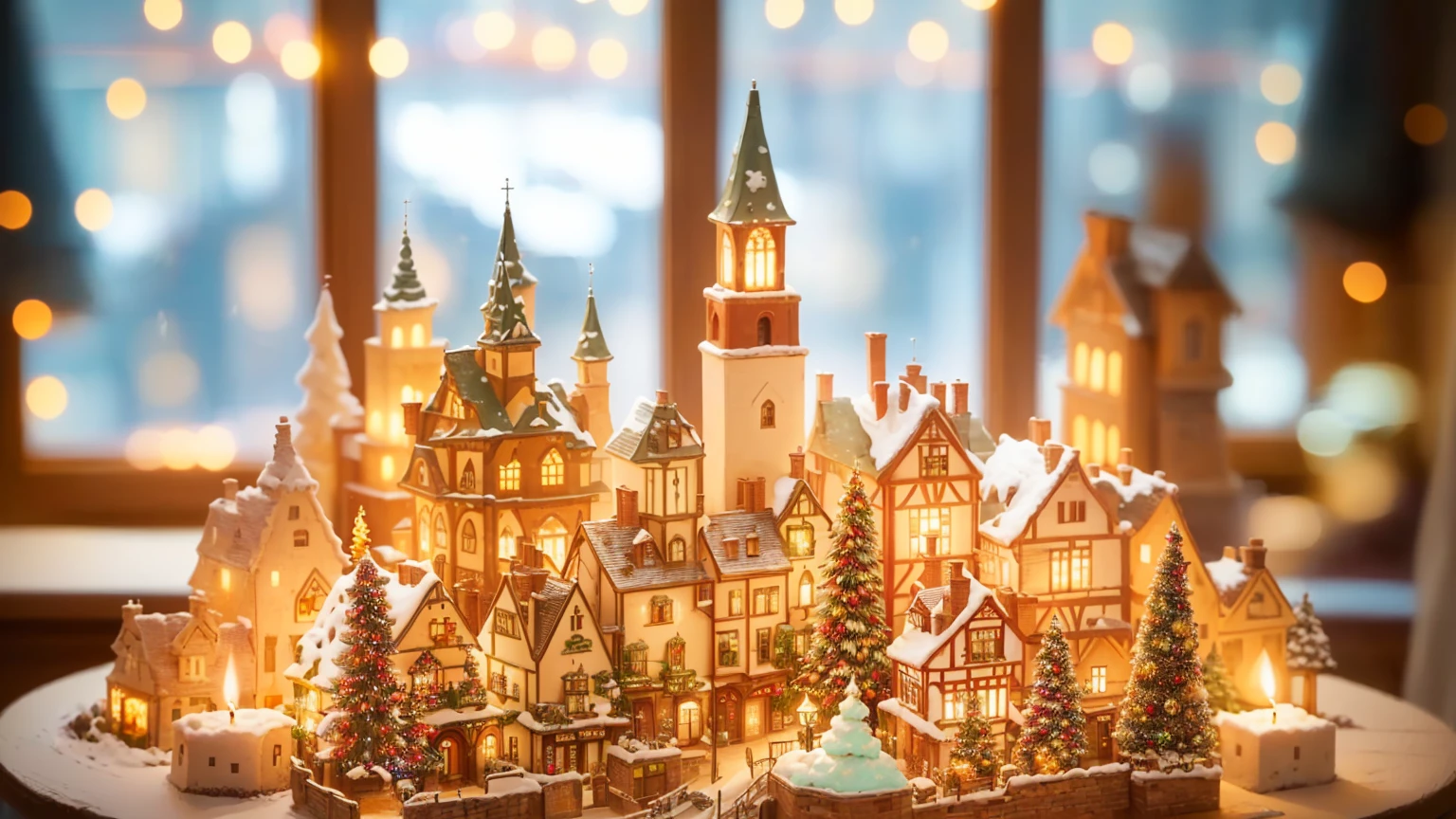 Candleのついた城の小さな模型があります, Sunlight and capricious house, Miniature cities, Beautifully illuminated building, Magical Village, Realistic photos of the town, Brightly lit, Pilgrim Village setting, Made of sparkling wax and ceramic, Holiday season, A bustling magical town, Illuminate brightly, Magical Scene, The light is on in the window, With glowing window,Candle