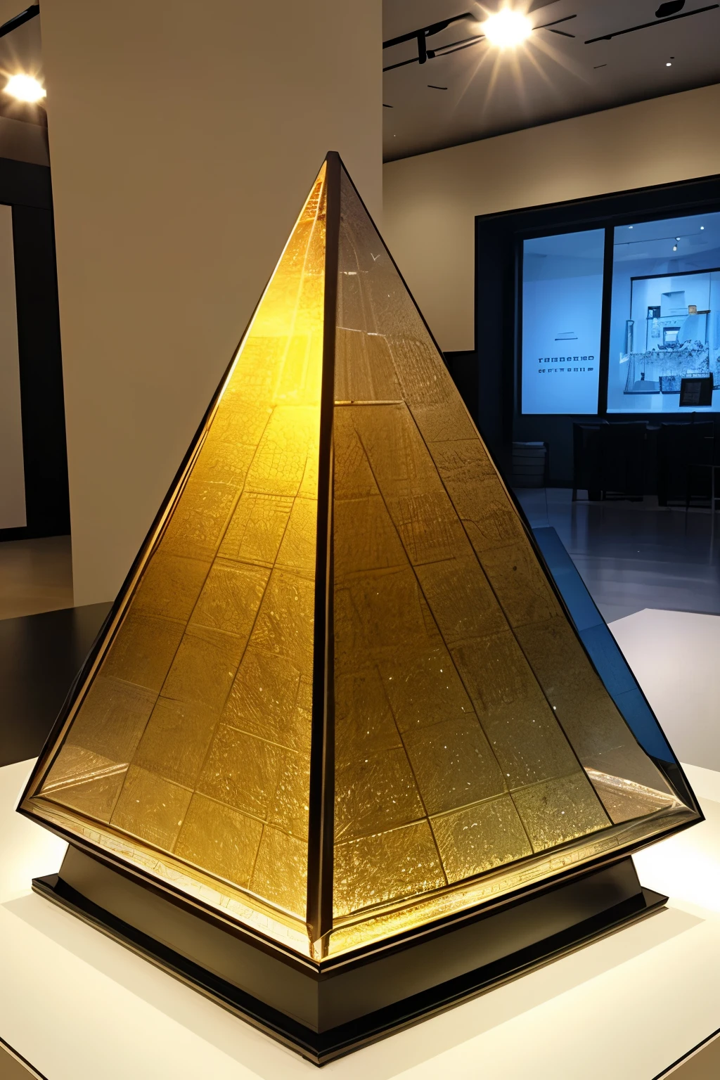 ((best quality)), ((masterpiece)), (detailed), 1A pyramid hanging on the wall of the exhibition hall,Transparent glass material,Pyramid showcase,The pyramid has 5 internal compartments,Car headlight products are placed inside,High and large capacity,Internal transparency,Multi-layer pyramid structure design