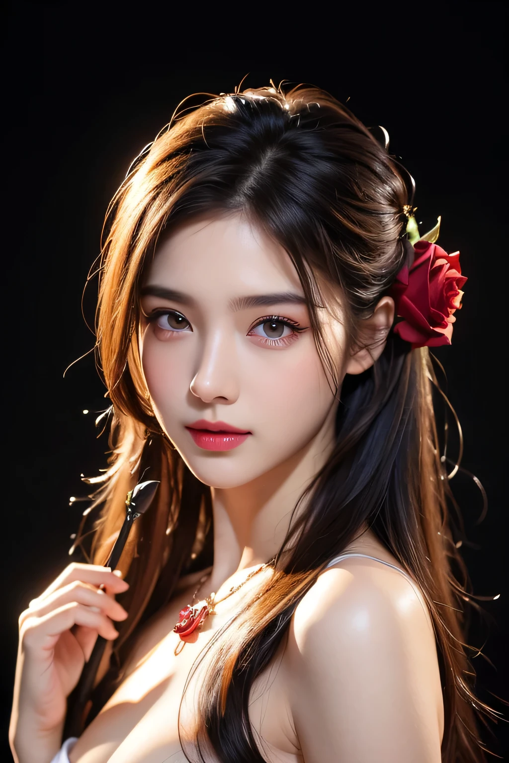 High-quality work，Realistic works，Super premium graphics，8K HD CG works，high quality graphics，High-definition and exquisite CG works，10x pixels，Ultra-fine details：1.1，Advanced technical details：1.1Realistic photo effects，Interior lighting effects：1.5，natural soft light：1.5. Light effect（Virtual light effects：1.8），Ultra-high resolution，shining dress，sliver long hair，silber hair，transparenthair，high detailed hair（Quality hair details：1.1）Clear eyes，Double eyelids look good，Sharp eye makeup, Create exquisite eyelash makeup, tthin eyebrows, Ultra-detailed eyes，a tall nose, lovely red lips, rosey cheeks, With delicate makeup on her face , pretty face, The face shape is perfectly proportioned,（Advanced facial details：1.1） (highest quality、8K、best image quality、Award-winning work)、(one young girl, :1.3)、(red eyeshadow:1.2)、perfect makeup、long eyelashes、Super high-definition sparkling eyes、ultra high definition hair、ultra high resolution glossy lips、Super high resolution perfect teeth、Super high resolution cute face、brown hair、(very long straight hair:1.1)、look at me and smile、[clavicle]、accurate anatomy、(black background:1.5)、(((professional lighting:1.5)))、Super high-resolution glossy and moisturized face、Super high resolution glowing skin、most detailed face、Ultra high resolution detailed faces、ultra high resolution hair、Super high resolution sparkling eyes、Beautiful face drawn in every detail、Super high resolution glossy red lips、(((Fashionable necklace 1.5)))、(((full nude 1.5)))、(Photo up to the chest)、hair blowing in the wind、elegant dress、(((Holding a red rose 1.4))) ，Women's artwork，Dress full body video，Reality，Amazing Cleavage，My eyes are very bright today
