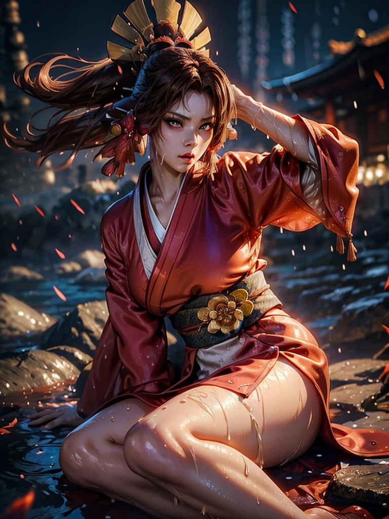 (exquisitely detailed CG unity 8k wallpaper, masterpiece-quality with stunning realism), (best illumination, best shadow), (best quality), (elegant style:1.2), Arti modern anime. angled view, heroic pose, midshot, (cel-shading style:1.3), centered image, ultra detailed closeup portrait of (Mai Shiranui:1) from (King of Fighters), best quality, expressive eyes, perfect face, highres, (ultra details), 1 girl, solo, (brown hair:1), hair ornament, eyeshadow, (gold, white and mainly red qipao:1), highly ornamented, (in Tokyo City:1), portrait, looking at the viewer, piercing eyes, full body, (light from the angle:1) (wind blowing:1.2).(depth of field effects:1.3) (motion action:1.2) (closeup:1.2) (motion blur effects:1), spreading feet, Thin to transparent,see-through, (((Soggy-kimono:1.2))),Lace fabric, (((water-immersed body: 0.9))), jewellery, (lying down:1) (fire in the background:1.1), (asian face:1.2), nail polish, makeup, (arms and hands resting:1)