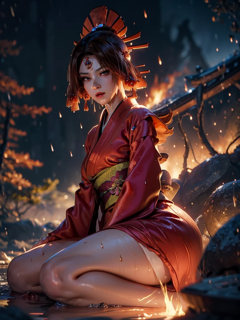 (exquisitely detailed CG unity 8k wallpaper, masterpiece-quality with stunning realism), (best illumination, best shadow), (best quality), (elegant style:1.2), Arti modern anime. angled view, heroic pose, midshot, (cel-shading style:1.3), centered image, ultra detailed closeup portrait of (Mai Shiranui:1) from (King of Fighters), best quality, expressive eyes, perfect face, highres, (ultra details), 1 girl, solo, (brown hair:1), hair ornament, eyeshadow, (gold, white and mainly red qipao:1), highly ornamented, (in Tokyo City:1), portrait, looking at the viewer, piercing eyes, full body, (light from the angle:1) (wind blowing:1.2).(depth of field effects:1.3) (motion action:1.2) (closeup:1.2) (motion blur effects:1), spreading feet, Thin to transparent,see-through, (((Soggy-kimono:1.2))),Lace fabric, (((water-immersed body: 0.9))), jewellery, (lying down:1) (fire in the background:1.1), (asian face:1.2), nail polish, makeup, (arms and hands resting:1)