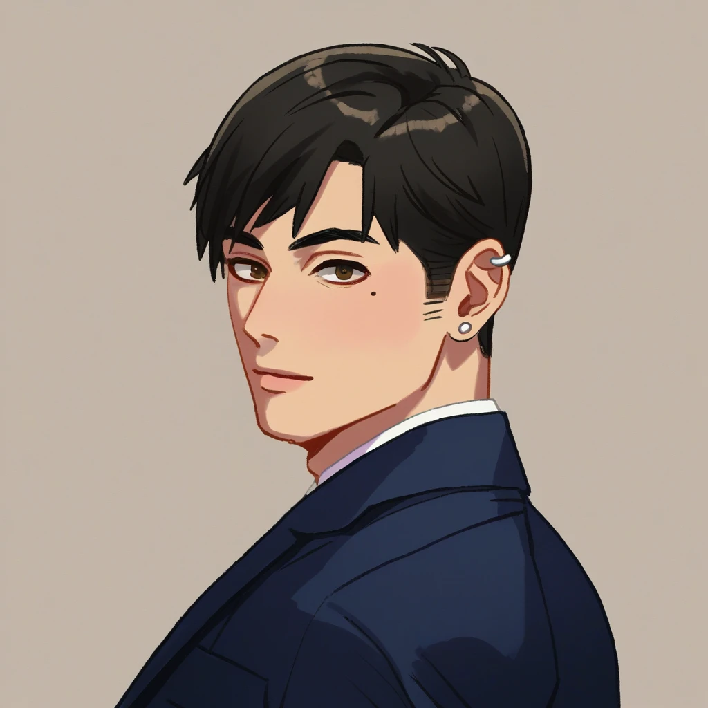 handsome young man standing wearing suit, looking at viewer, ear piercings, dan feng eyes, bangs, black hair, mole on face BREAK score_9, score_8_up, score_7_up
