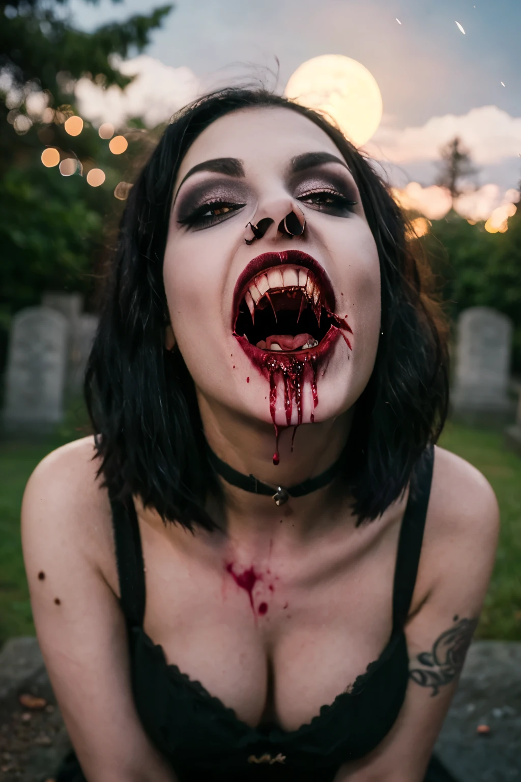 Generate a hyper-realistic image that employs the shallow depth of field technique, Head and sholders portrait to highlight a pretty goth (((vampire))) girl, ((open mouth with vampire canine teeth)) , ((blood dripping from mouth)) perfect teeth, wearing a gothic dress, ((cut hair with fringe)), tattooed, ((heavy makeup)) , at ((night in a creepy cemitery)) setting, (((under the moonlight))). The girl should be the focal point, with crisp clarity, while the background of the forest should be gently blurred to create a bokeh effect. (((black roses In the foreground))) should be visible but blurred, adding depth to the composition.", adding depth to the composition. Sony Alpha A7R III, macros lens , f/5.6. ((Cinematic purple and pink Lighting)) .