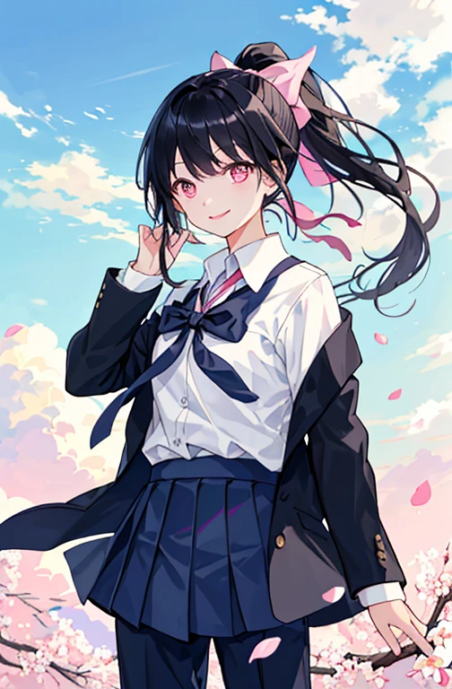 (masterpiece、Top quality、Implications、Very high quality、High level of image quality、Extremely sensitive writing)There are clouds and sky behind、Petals of different colors flying、Girl with black hair、Pink eyes、A comfortable smile、Wearing a high ponytail、Tie a bow、Wearing school uniform、Wearing pants、Hair blowing in the wind