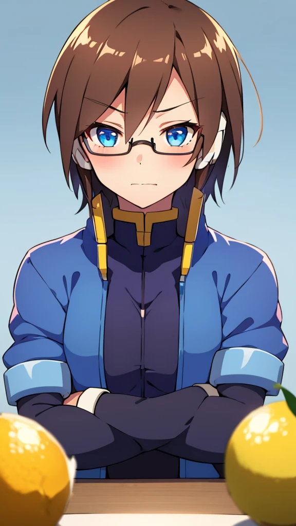 Aile_Megamanzx, 1 Girl, looking at viewer, Brown hair, Blue eyes, Simple background , Blushed , Leaning on a table , Glasses , Licking a lemon ice popsicle, hug