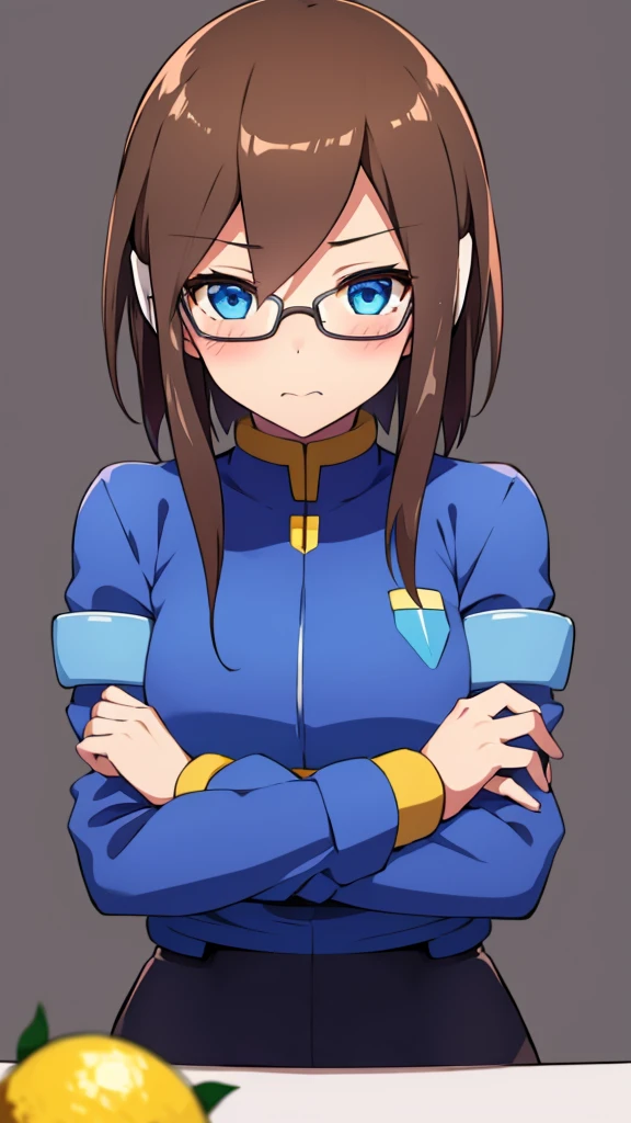 Aile_Megamanzx, 1 Girl, looking at viewer, Brown hair, Blue eyes, Simple background , Blushed , Leaning on a table , Glasses , Licking a lemon ice popsicle, hug