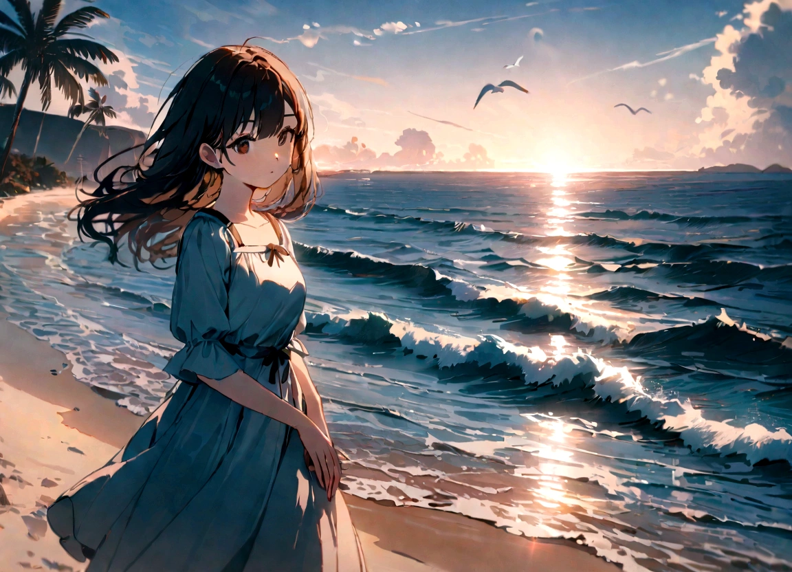 Far away lens,Beautiful long black hair,Brown eyes,20 year old girl,Stroll by the sea,Picturesque scenery,breeze,Hazy sunlight,Golden light reflected on the water,Warm sand between toes,Seagulls flying in the sky,The sound of the waves crashing,Peaceful and tranquil atmosphere,Soft waves caress the shore,Shells scattered along the coastline,The salty taste of the ocean,Palm trees sway in the wind,The crimson sunset paints the sky in vibrant colors,Breathtaking views,(best quality,4K,8K,high resolution,masterpiece:1.2),Extremely detailed,Practical,photoPractical:1.37,Seaside view,The tranquility of nature,The beauty of this moment,majestic tranquility.