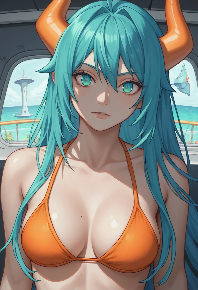 score_9, score_8_up, score_7_up,1 daemon woman, black  demon horns, black demon tail, (aquamarine hair),aquamarine green color hair,ahoge, long hair, (long hair),bangs, light orange bikini, bikini is orange, bikini orange, orange bikini!, (aquamarine eyes), background is spaceship, aquamarine eyes, 1woman ,facing viewer, daemon girl,  close up,Well-endowed, alone, Spacecraft interior