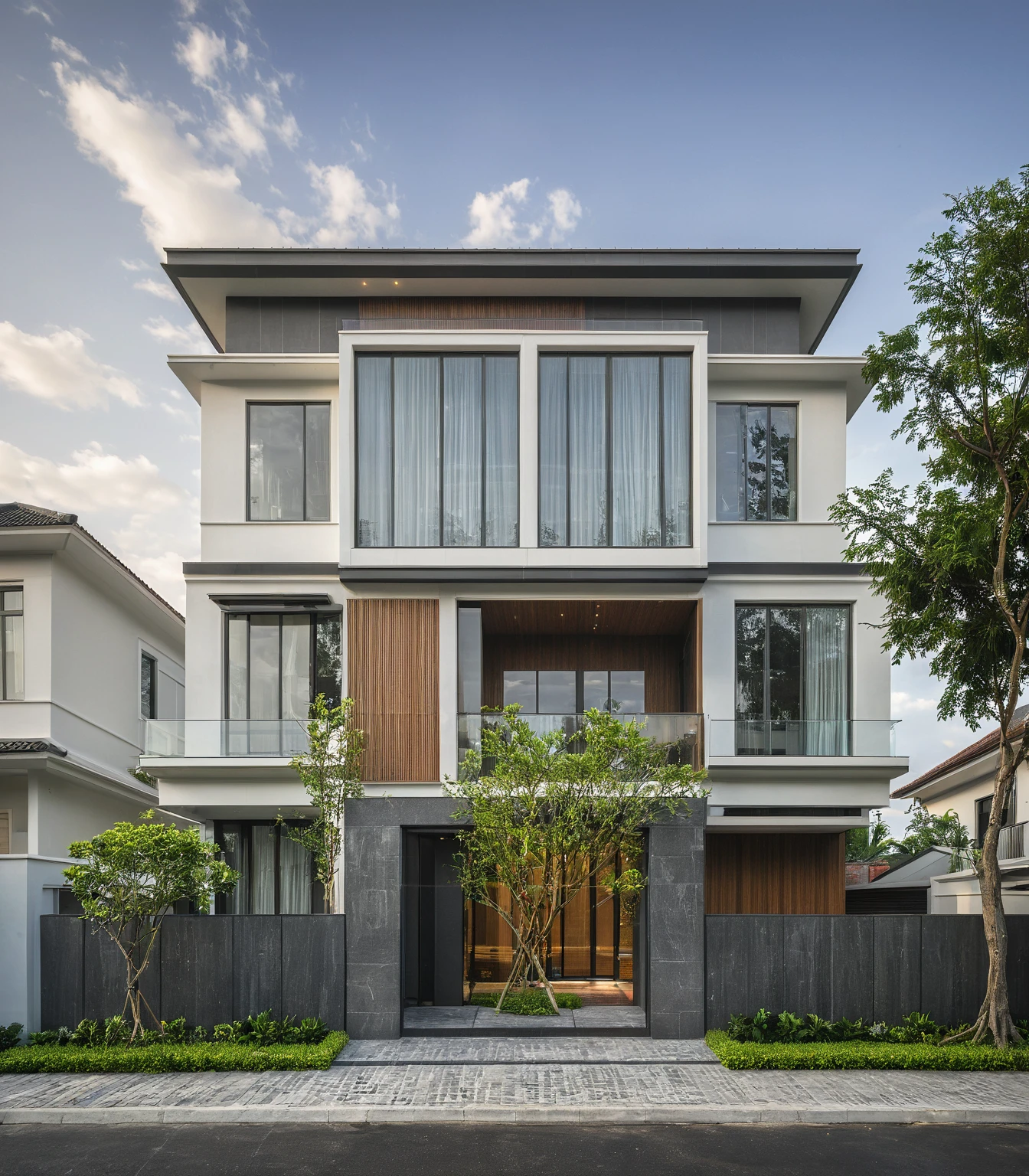 modern villa on street, (overcast lighting:1.2), tropical tree, vivid color, streetcapes, nice sky, grey and wwhite tone, (large glass door:1.2), warm interior lighting, modern material, best quality, ultra realistic, masterpiece, 17ArchiAI_XL_VL-v1