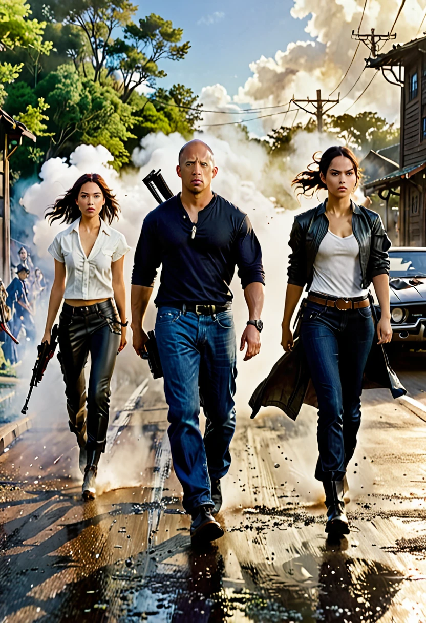 The plot of the movie "Fast and Furious". Actors playing their characters. The clothing and weapons indicate that this is most likely a scene from a science fiction film. The overall mood of the frame is tense and dramatic, as if the character is in a dangerous situation, Painting in the style of Anders Zorn, Alexi Brilo, Luisa Royo, Studio Ghibli Genshin Impact