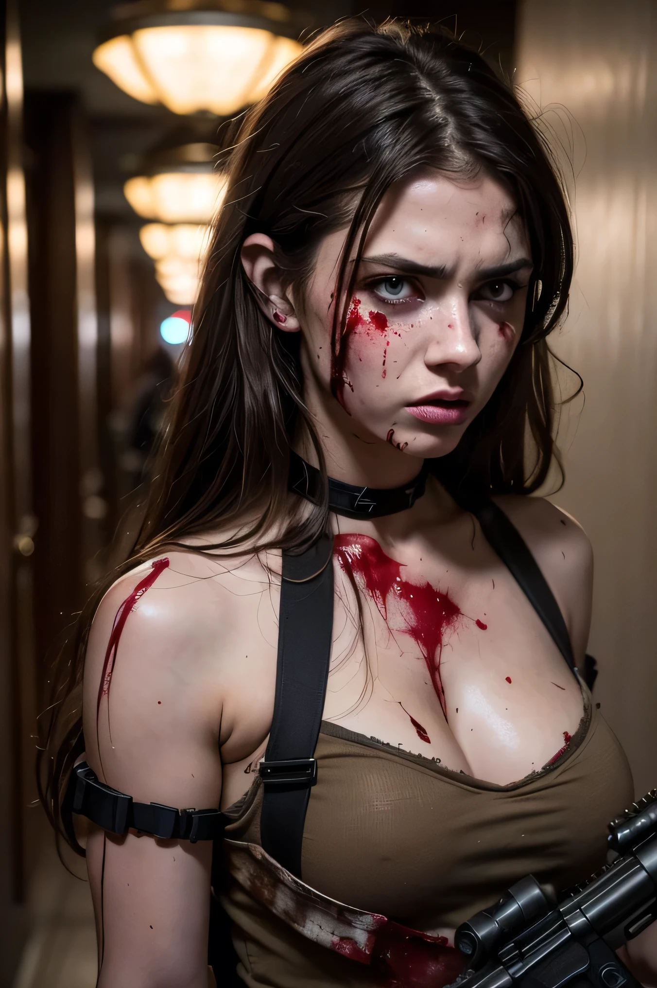 Ultra HD resolution，Professional Cinematic Photography，((21 year angry Caucasian girl blood and injury on shoulder, long brunette messy hair, cold ultra realistic skin，carrying a machine gun)), exposed cleavage, blood on face and body, messy hair, walking with a gun, in a dimly lit hotel corridor, night time, looking at viewer, natural pink lips