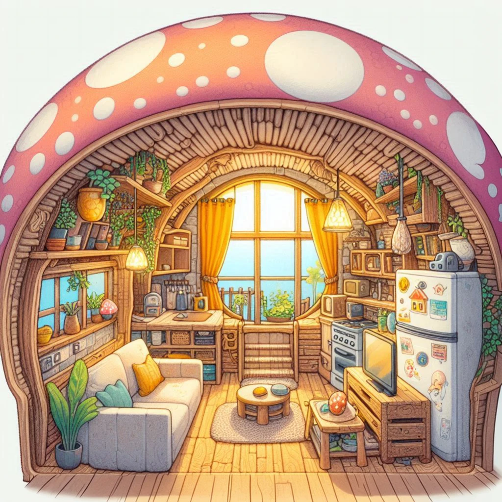 there is a cartoon picture of a living room with a Mushroom House, Mushroom House, Comfortable place, Lovely detailed artwork, Comfortable room, detailed 2d illustration, Mushroom Houses, Studio Ghibli style, Interior Background Art, Anime Landscape Concept Art, Ultra-detailed concept art, comfortable environment, Warm home background, Designed for comfort and aesthetics!, Ultra-detailed concept art, Lovely and detailed digital art