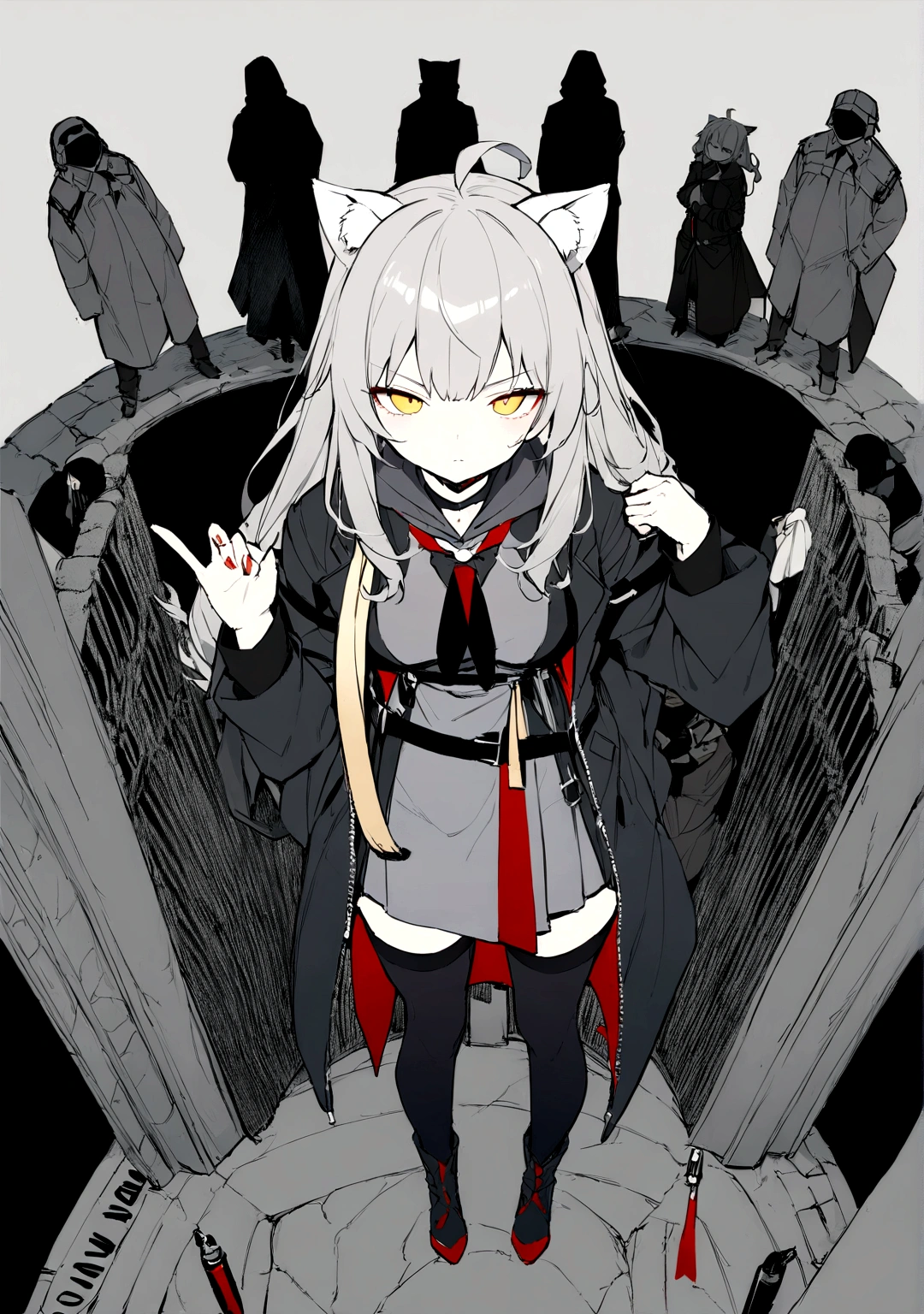 Oversized and loose、Wear an oversized zip collar、Serious face、A large number of subordinates can be seen in the distance、Surrounded by operatives、Give a command、Secret Police Meeting Room、Gray cat ears、Gray cat ears、(masterpiece, best quality:1.2), 1girl, 独奏、Grey long hair、Ahoge、Yellow Eyes、Background of a military base with guns、Fisheye Lens、battlefield、Shadows of light and darkness、Expressionless、battle、Gray trench coat、Put a black hoodie over your arm、Surrounded by enemies、Zip hoodie worn over the arm