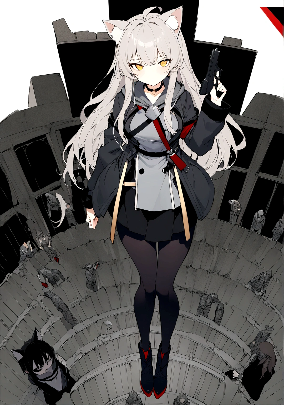 Oversized and loose、Wear an oversized zip collar、Serious face、A large number of subordinates can be seen in the distance、Surrounded by operatives、Give a command、Secret Police Meeting Room、Gray cat ears、Gray cat ears、(masterpiece, best quality:1.2), 1girl, 独奏、Grey long hair、Ahoge、Yellow Eyes、Background of a military base with guns、Fisheye Lens、battlefield、Shadows of light and darkness、Expressionless、battle、Gray trench coat、Put a black hoodie over your arm、Surrounded by enemies、Zip hoodie worn over the arm
