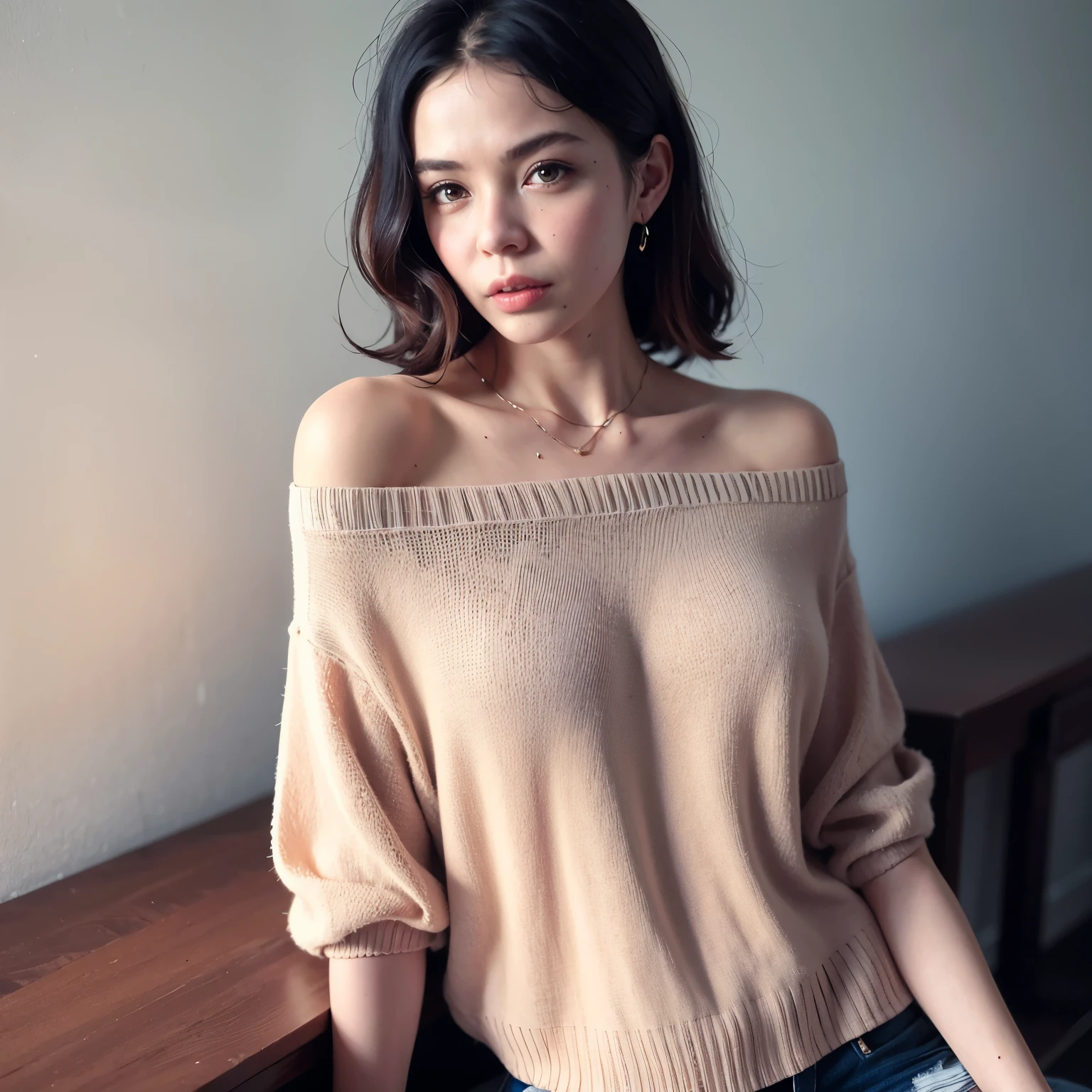 ((Highest quality)), ((masterpiece)), (detailed), One girl, Off-the-shoulder sweater, 