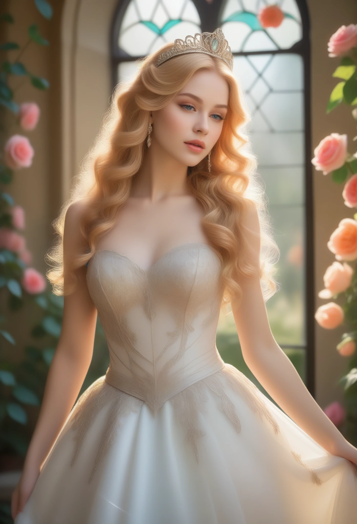 princess in blissful languor, beautiful detailed eyes, beautiful detailed lips, flowing gown, dreamy expression, golden hair cascading down, sparkling tiara, strawberry blonde curls, royal palace, soft sunlight filtering through stained glass windows, exquisite chandelier lighting, romantic atmosphere, vibrant colors, Mediterranean garden, fragrant flowers in full bloom, fountain with dancing water, whispering breeze, whimsical butterflies fluttering around, faint sound of birds chirping, lush greenery, ivy-covered trellis, endless rows of blooming roses, Prince Charming's irresistible presence, anticipating love and happiness, (best quality, 4k, 8k, highres, masterpiece:1.2), ultra-detailed, (realistic, photorealistic, photo-realistic:1.37), romantic portrait style, soft pastel color palette, dreamy lighting, ethereal ambiance
