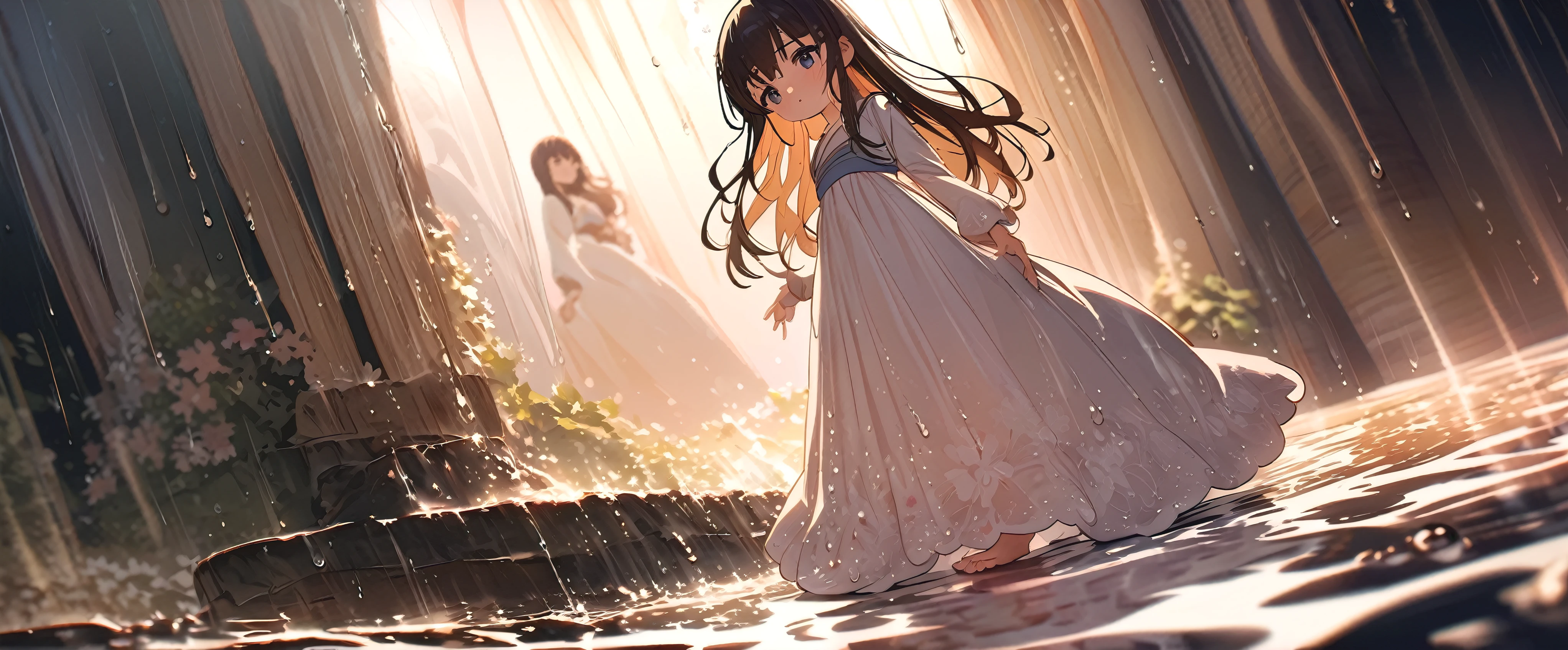 (full body), (solo), (A 7-year-old girl:1.2), (very young little girl), loli, (Solo), (small breast), (wide angle), raw photo, Aesthetic, Convoluted, Awarded, chiaroscuro, Best Quality, Detailed background, (Misty atmosphere:1.2), (hard rainy day:1.1),((Girl in very long white hanfu dress:1.2)), large white silk dress, long white hanfu with a silk texture, best wrinkles, real wrinkles, best shadows, (wet, wet body, wet hair, wet skin, very wet white dress, reflection on the wet dress, delicate cherry blossom embroidery, subtle water droplets:1.15), (water spray:1.1), The rain pours down in a silver curtain, enveloping the scene in a soft, shimmering glow. The little girl, a vision of purity, is clad in a gorgeous white long skirt, the fabric now soaked through, clinging to her form like a second skin. The once crisp and airy material is now heavy with rain, its transparency revealing the contours of her body as she moves. Her hair, dark against the white of her skirt, falls in wet strands, framing her face like a frame to a portrait. The rain has painted her with a natural beauty, the droplets catching on her lashes, her cheeks flushed with the coolness of the rain. Barefoot, she dances on the rain-kissed earth, her feet leaving imprints in the damp soil. Each step is a whisper, a secret shared between her and the sacred ground beneath her. The earth responds, the scent of wet earth rising to meet the rain's fresh scent. Her white skirt, now translucent with the rain, flows with her movements, the hem fluttering like wings as she spins. The fabric catches the light, casting a soft glow around her, as if she is dancing within a halo of moonlight. The raindrops fall in rhythm with her dance, each drop a note in the symphony of the moment. The sound of rain on leaves, the soft patter on the ground, they all blend into a harmonious melody, accompanying her silent song.