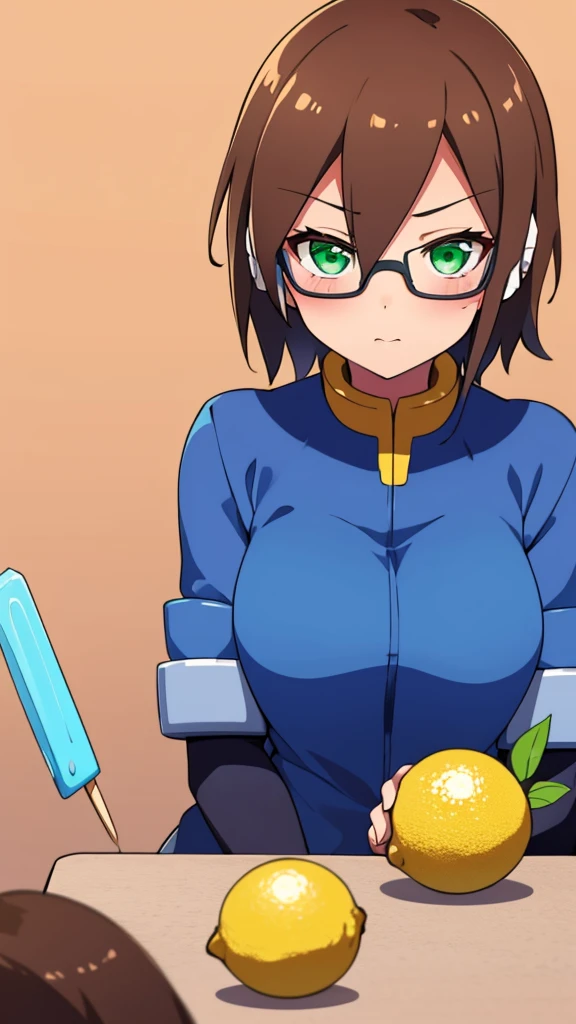 Aile_Megamanzx, 1 Girl, looking at viewer, Brown hair, Green eyes, Simple background , Blushed , Leaning on a table , Glasses , Licking a lemon ice popsicle, hug