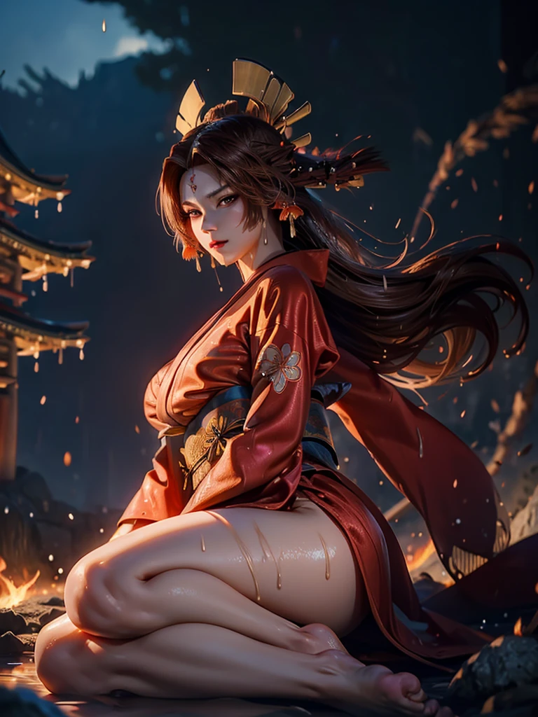 (exquisitely detailed CG unity 8k wallpaper, masterpiece-quality with stunning realism), (best illumination, best shadow), (best quality), (elegant style:1.2), Arti modern anime. angled view, heroic pose, midshot, (cel-shading style:1.3), centered image, ultra detailed closeup portrait of (Mai Shiranui:1) from (King of Fighters), best quality, expressive eyes, perfect face, highres, (ultra details), 1 girl, solo, (brown hair:1), hair ornament, eyeshadow, (gold, white and mainly red qipao:1), highly ornamented, (in Tokyo City:1), portrait, looking at the viewer, piercing eyes, full body, (light from the angle:1) (wind blowing:1.2).(depth of field effects:1.3) (motion action:1.2) (closeup:1.2) (motion blur effects:1), spreading feet, Thin to transparent,see-through, (((Soggy-kimono:1.2))),Lace fabric, (((water-immersed body: 0.9))), jewellery, (lying down:1) (fire in the background:1.1), (asian face:1.2), nail polish, makeup, (arms and hands resting:1) (sexy pose:1)