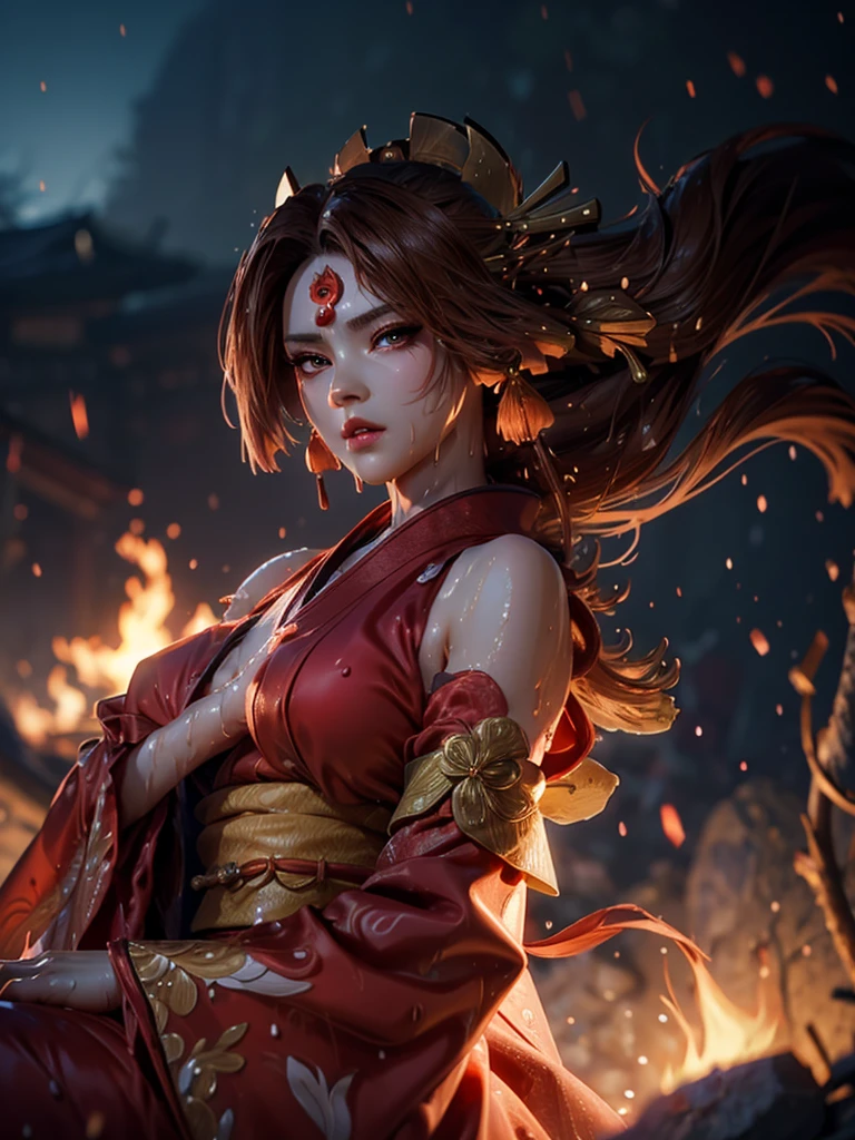 (exquisitely detailed CG unity 8k wallpaper, masterpiece-quality with stunning realism), (best illumination, best shadow), (best quality), (elegant style:1.2), Arti modern anime. angled view, heroic pose, midshot, (cel-shading style:1.3), centered image, ultra detailed closeup portrait of (Mai Shiranui:1) from (King of Fighters), best quality, expressive eyes, perfect face, highres, (ultra details), 1 girl, solo, (brown hair:1), hair ornament, eyeshadow, (gold, white and mainly red qipao:1), highly ornamented, (in Tokyo City:1), portrait, looking at the viewer, piercing eyes, full body, (light from the angle:1) (wind blowing:1.2).(depth of field effects:1.3) (motion action:1.2) (closeup:1.2) (motion blur effects:1), spreading feet, Thin to transparent,see-through, (((Soggy-kimono:1.2))),Lace fabric, (((water-immersed body: 0.9))), jewellery, (lying down:1) (fire in the background:1.1), (asian face:1.2), nail polish, makeup, (arms and hands resting:1) (sexy pose:1)