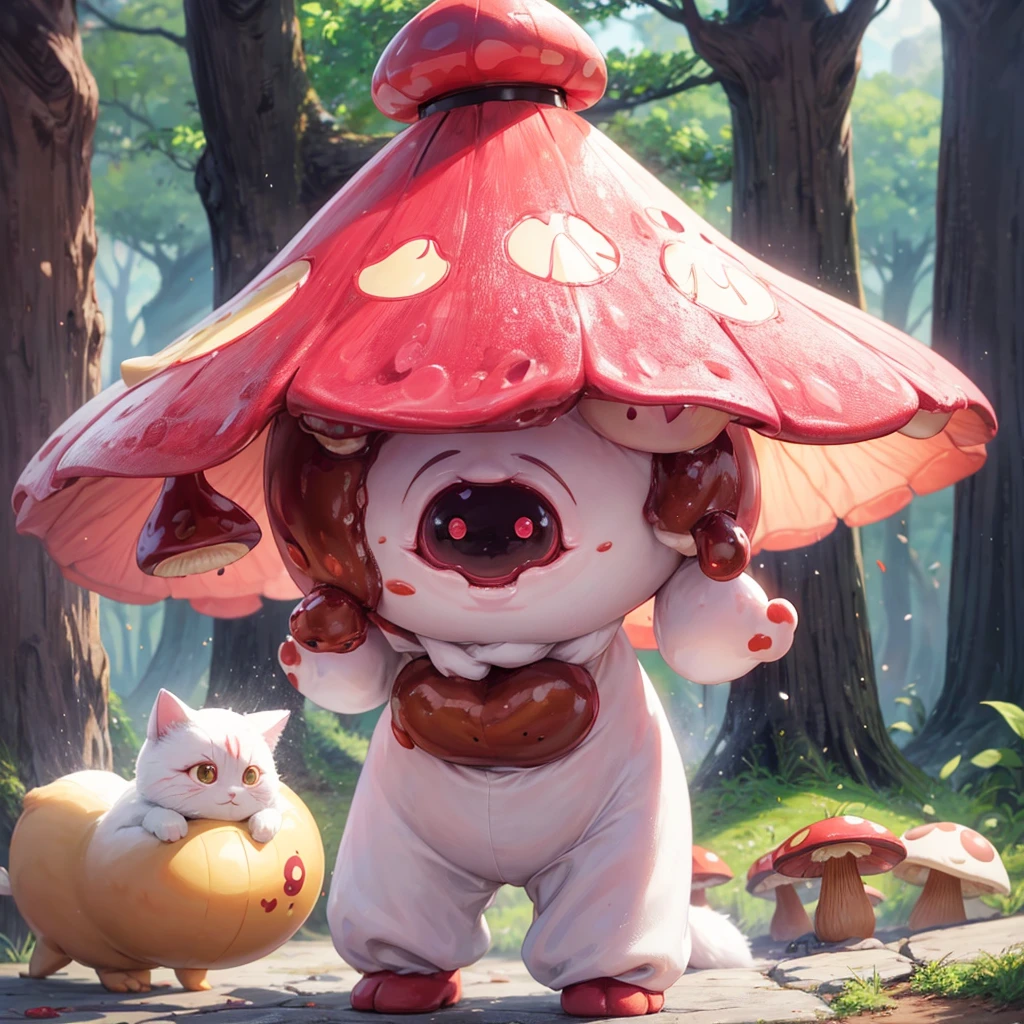 The &quot;red bean paste cat&quot; wears a &quot;light yellow poisonous mushroom&quot;-shaped hat on its head。 
Its body is like a poisonous mushroom，The body changes into the shape of a &#39;&#39;phallic mushroom&#39;&#39;，The feet also become cylindrical and long，But without losing the cat’s hair and mobility。
Eyes become round and big，Golden color。
The tail becomes like a platypus，flat and wide