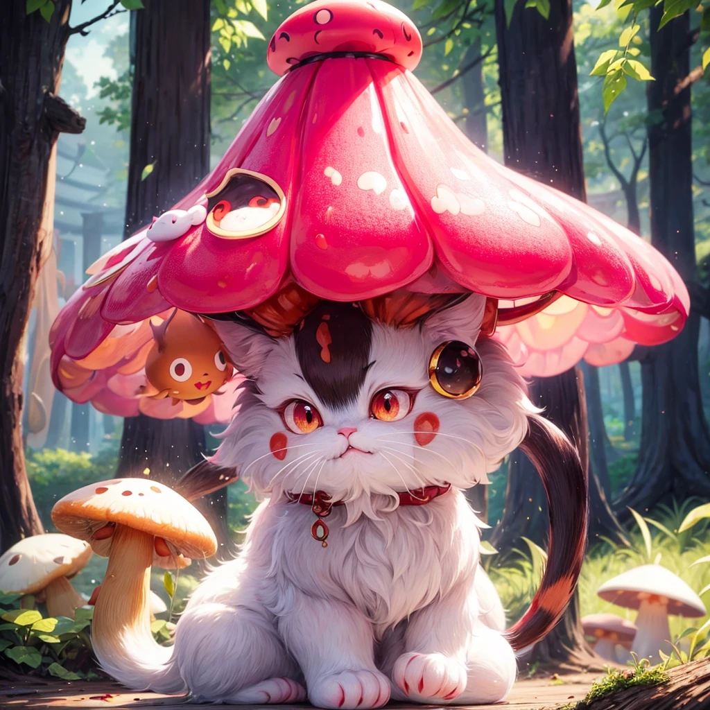 The &quot;red bean paste cat&quot; wears a &quot;light yellow poisonous mushroom&quot;-shaped hat on its head。 
Its body is like a poisonous mushroom，The body changes into the shape of a &#39;&#39;phallic mushroom&#39;&#39;，The feet also become cylindrical and long，But without losing the cat’s hair and mobility。
Eyes become round and big，Golden color。
The tail becomes like a platypus，flat and wide