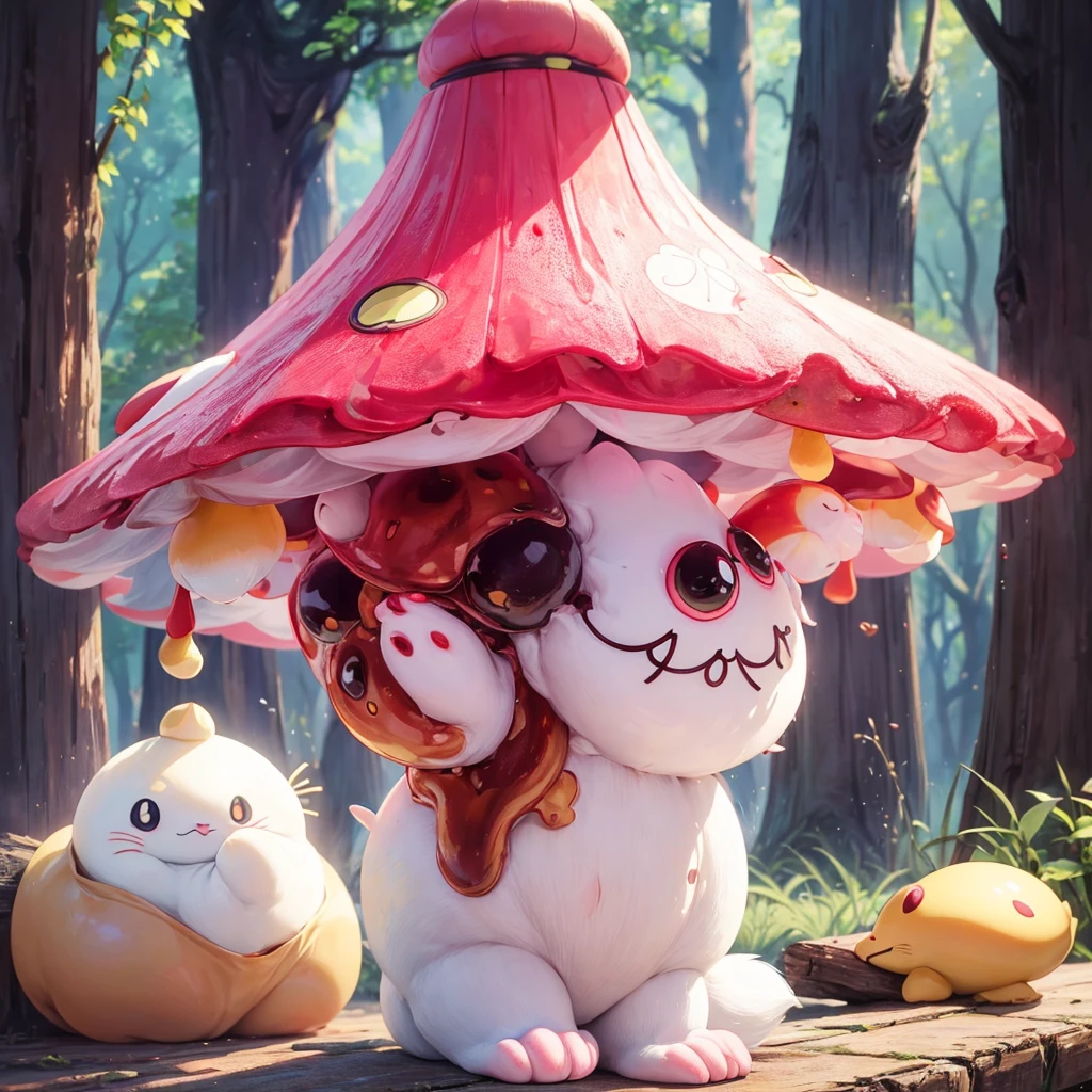 The "red bean paste cat" wears a "light yellow poisonous mushroom"-shaped hat on its head。
Its body is like a poisonous mushroom,The body changes into the shape of a ''phallic mushroom'',The feet also become cylindrical and long,But without losing the cat’s hair and mobility。
Eyes become round and big,Golden color。
The tail becomes like a platypus,flat and wide