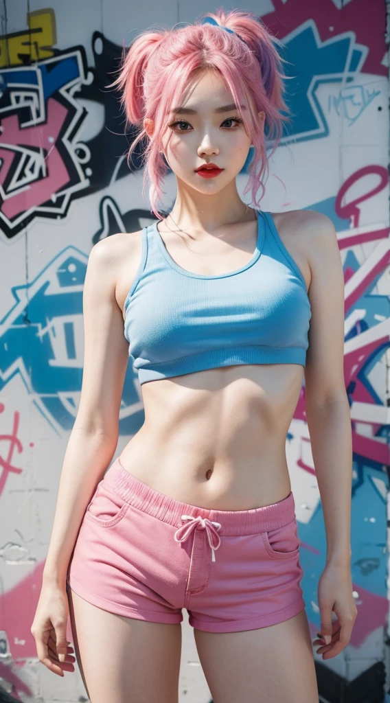 best quality, Clarity, 4k, 8k, detail, actual, Beautiful Girl, Korean makeup, Red lips, pink and blue hair, Perfect body, thigh, stand, pose standing, Pose dynamically for photos, medium chest, Graffiti crop top, pink and blue shorts, Solid graffiti wall background, Graffiti art,