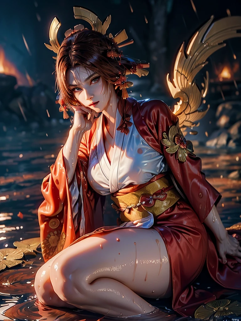 (exquisitely detailed CG unity 8k wallpaper, masterpiece-quality with stunning realism), (best illumination, best shadow), (best quality), (elegant style:1.2), Arti modern anime. angled view, heroic pose, midshot, (cel-shading style:1.3), centered image, ultra detailed closeup portrait of (Mai Shiranui:1) from (King of Fighters), best quality, expressive eyes, perfect face, highres, (ultra details), 1 girl, solo, (brown hair:1), hair ornament, eyeshadow, (gold, white and mainly red qipao:1), highly ornamented, (in Tokyo City:1), portrait, looking at the viewer, piercing eyes, full body, (light from the angle:1) (wind blowing:1.2).(depth of field effects:1.3) (motion action:1.2) (closeup:1.2) (motion blur effects:1), spreading feet, Thin to transparent,see-through, (((Soggy-kimono:1.2))),Lace fabric, (((water-immersed body: 0.9))), jewellery, (lying down:1) (fire in the background:1.1), (asian face:1.2), nail polish, makeup, (arms and hands resting:1) (sexy flirty coy pose:1)
