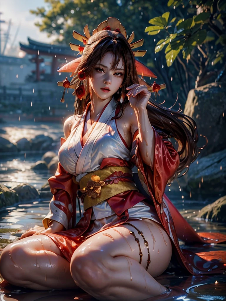 (exquisitely detailed CG unity 8k wallpaper, masterpiece-quality with stunning realism), (best illumination, best shadow), (best quality), (elegant style:1.2), Arti modern anime. angled view, heroic pose, midshot, (cel-shading style:1.3), centered image, ultra detailed closeup portrait of (Mai Shiranui:1) from (King of Fighters), best quality, expressive eyes, perfect face, highres, (ultra details), 1 girl, solo, (brown hair:1), hair ornament, eyeshadow, (gold, white and mainly red qipao:1), highly ornamented, (in Tokyo City:1), portrait, looking at the viewer, piercing eyes, full body, (light from the angle:1) (wind blowing:1.2).(depth of field effects:1.3) (motion action:1.2) (closeup:1.2) (motion blur effects:1), spreading feet, Thin to transparent,see-through, (((Soggy-kimono:1.2))),Lace fabric, (((water-immersed body: 0.9))), jewellery, (lying down:1) (fire in the background:1.1), (asian face:1.2), nail polish, makeup, (arms and hands resting:1) (sexy flirty coy pose:1)