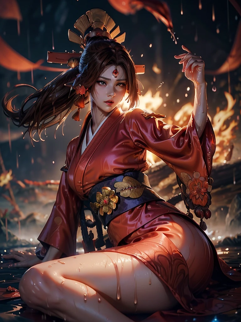 (exquisitely detailed CG unity 8k wallpaper, masterpiece-quality with stunning realism), (best illumination, best shadow), (best quality), (elegant style:1.2), Arti modern anime. angled view, heroic pose, midshot, (cel-shading style:1.3), centered image, ultra detailed closeup portrait of (Mai Shiranui:1) from (King of Fighters), best quality, expressive eyes, perfect face, highres, (ultra details), 1 girl, solo, (brown hair:1), hair ornament, eyeshadow, (gold, white and mainly red qipao:1), highly ornamented, (in Tokyo City:1), portrait, looking at the viewer, piercing eyes, full body, (light from the angle:1) (wind blowing:1.2).(depth of field effects:1.3) (motion action:1.2) (closeup:1.2) (motion blur effects:1), spreading feet, Thin to transparent,see-through, (((Soggy-kimono:1.2))),Lace fabric, (((water-immersed body: 0.9))), jewellery, (lying down:1) (fire in the background:1.1), (asian face:1.2), nail polish, makeup, (arms and hands resting:1) (sexy flirty coy pose:1)