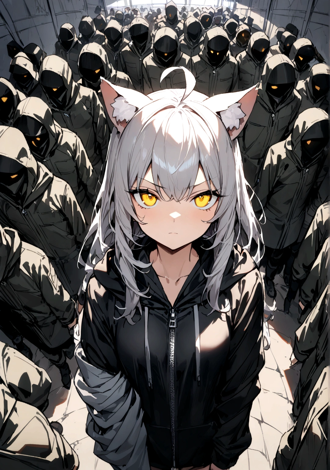Zipper full open、Wear loose, oversized collared clothing、、Put on an oversized zip-up hoodie、Serious face、A large number of subordinates can be seen in the distance、Surrounded by operatives、Give a command、Secret Police Meeting Room、Gray cat ears、Gray cat ears、(masterpiece, best quality:1.2), 1girl, 独奏、Grey long hair、Ahoge、Yellow Eyes、Background of a military base with guns、Fisheye Lens、battlefield、Shadows of light and darkness、Expressionless、battle、Gray trench coat、Put a black hoodie over your arm、Surrounded by enemies、Zip hoodie worn over the arm