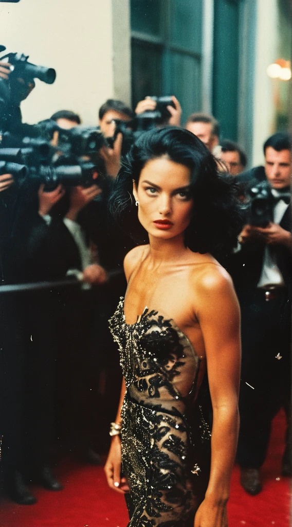 35mm Vintage photo of, a supermodel with black hair, on red carpet surrounded by aggressive paparazzi,