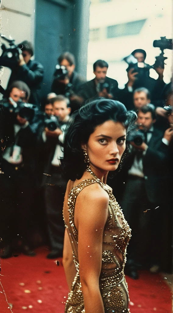 35mm Vintage photo of, a supermodel with black hair, on red carpet surrounded by aggressive paparazzi,
