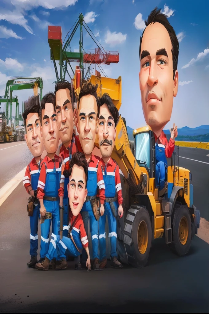 arafed picture of a group of men in blue overalls standing in front of a construction vehicle, caricature illustration, caricature style, cartoon digital painting, proffesional illustration, caricature, cartoon artstyle, potrait, in cartoon style, professional illustration, cartoon digital art, stylized digital illustration, professional artwork, digital art cartoon, official illustration, caricature!!!