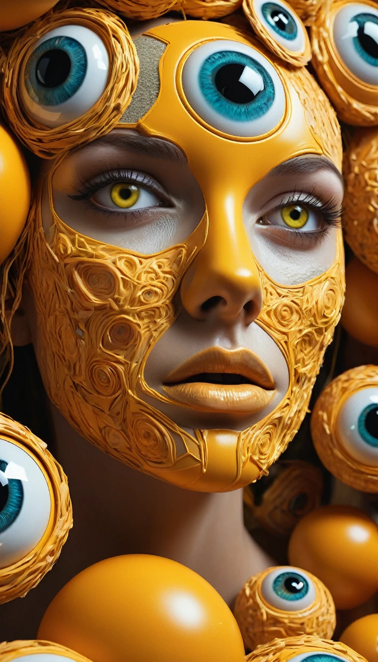 a close up of a mannequin with a bunch of eyes on it, digital art, inspired by Mike Winkelmann, digital art, giant eyeballs, yellow - orange eyes, 3d geometric abstract art, in the art style of filip hodas, realistic face and anatomy, detailed high definition representation of decayed muscle tissue, Strong color contrast, weird and disturbing atmosphere, novel visual art that shocks the eyes, ultra-high definition and ultra-delicate skin