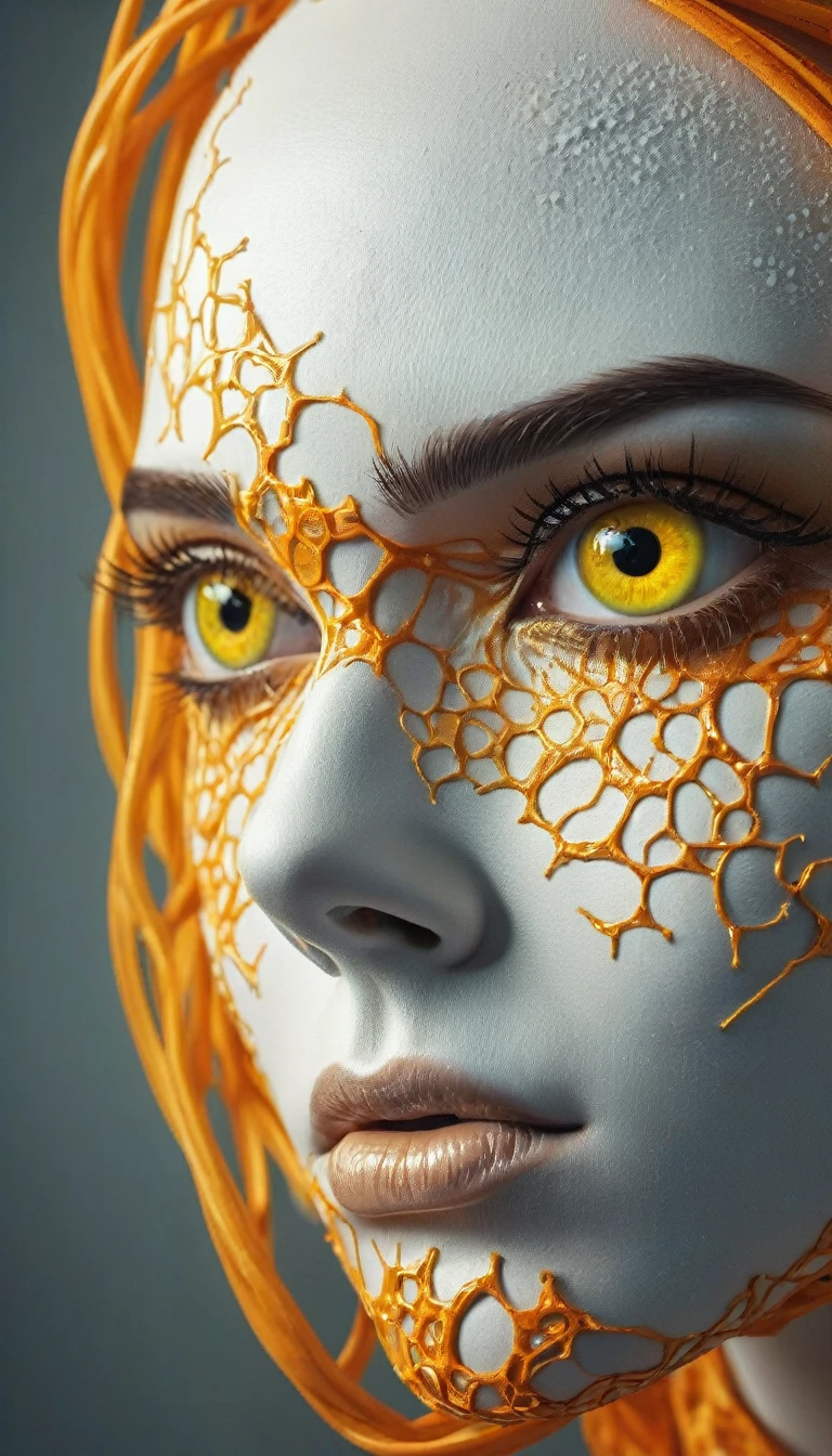 a close up of a mannequin with a bunch of eyes on it, digital art, inspired by Mike Winkelmann, digital art, giant eyeballs, yellow - orange eyes, 3d geometric abstract art, in the art style of filip hodas, realistic face and anatomy, detailed high definition representation of decayed muscle tissue, Strong color contrast, weird and disturbing atmosphere, novel visual art that shocks the eyes, ultra-high definition and ultra-delicate skin