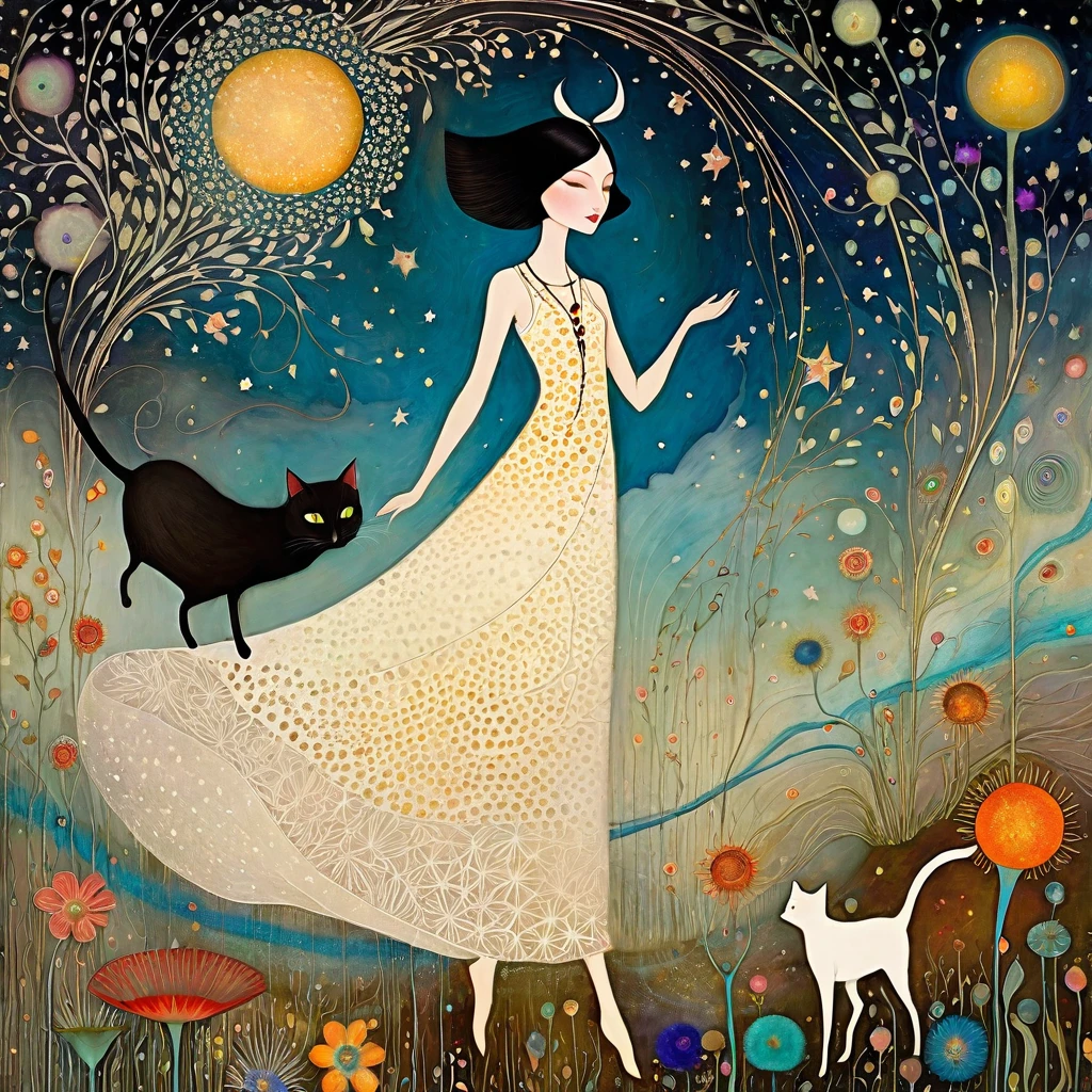 Artistic style of Sam Toft, Florine Stettheimer, Dina Wakley, Catrin Welz-Stein, Gabriel Pacheco, Elisabeth Fredriksson, who use encaustic painting and sandpaper to give texture to the image: a tall, stylized, otherworldly, light-skinned cat girl wearing a long, ornate dress with intricate patterns and warm, earthy colors, black hair, flowing down her body, light brown eyes . The setting is ethereal, with a backdrop of starry sky merging into a swirling cosmos with brightly colored stylized celestial bodies and planetary rings. The ground is adorned with delicate stylized flowers, suggesting an otherworldly garden. Both characters have serene expressions, and their presence adds a magical and surreal touch to the scene.